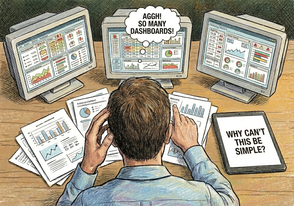 Multiple dashboards showing the complexity of data management