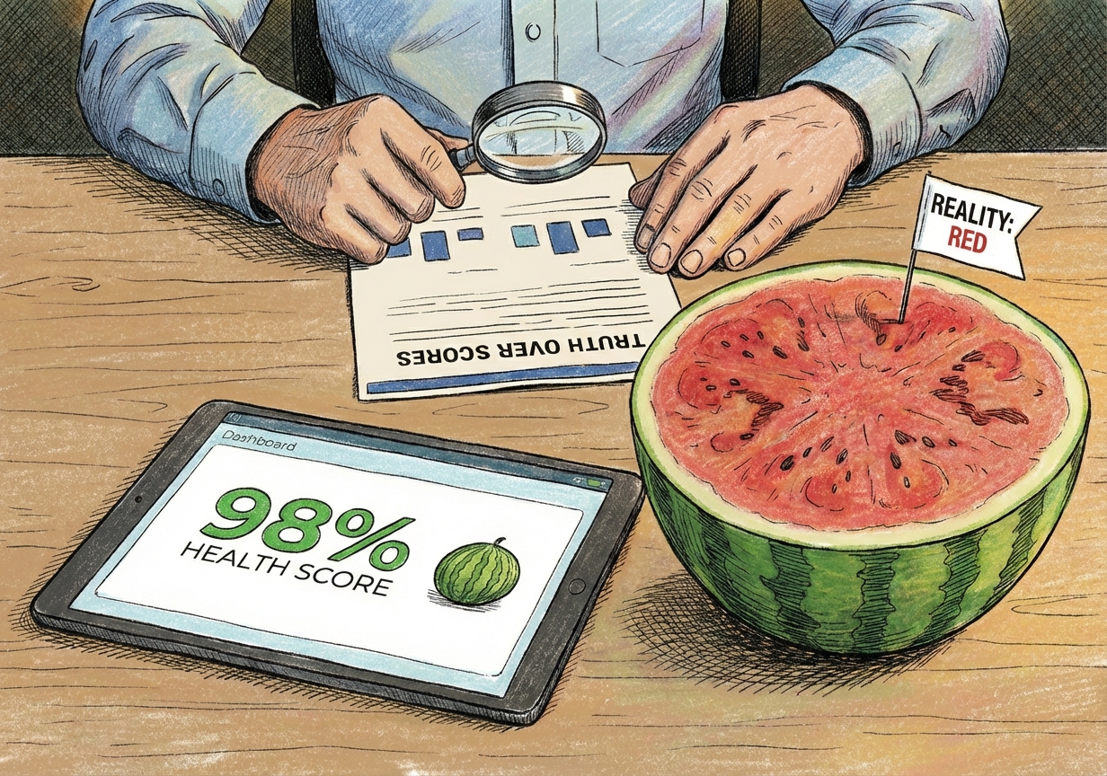 Dashboard showing watermelon accounts with misleading health scores